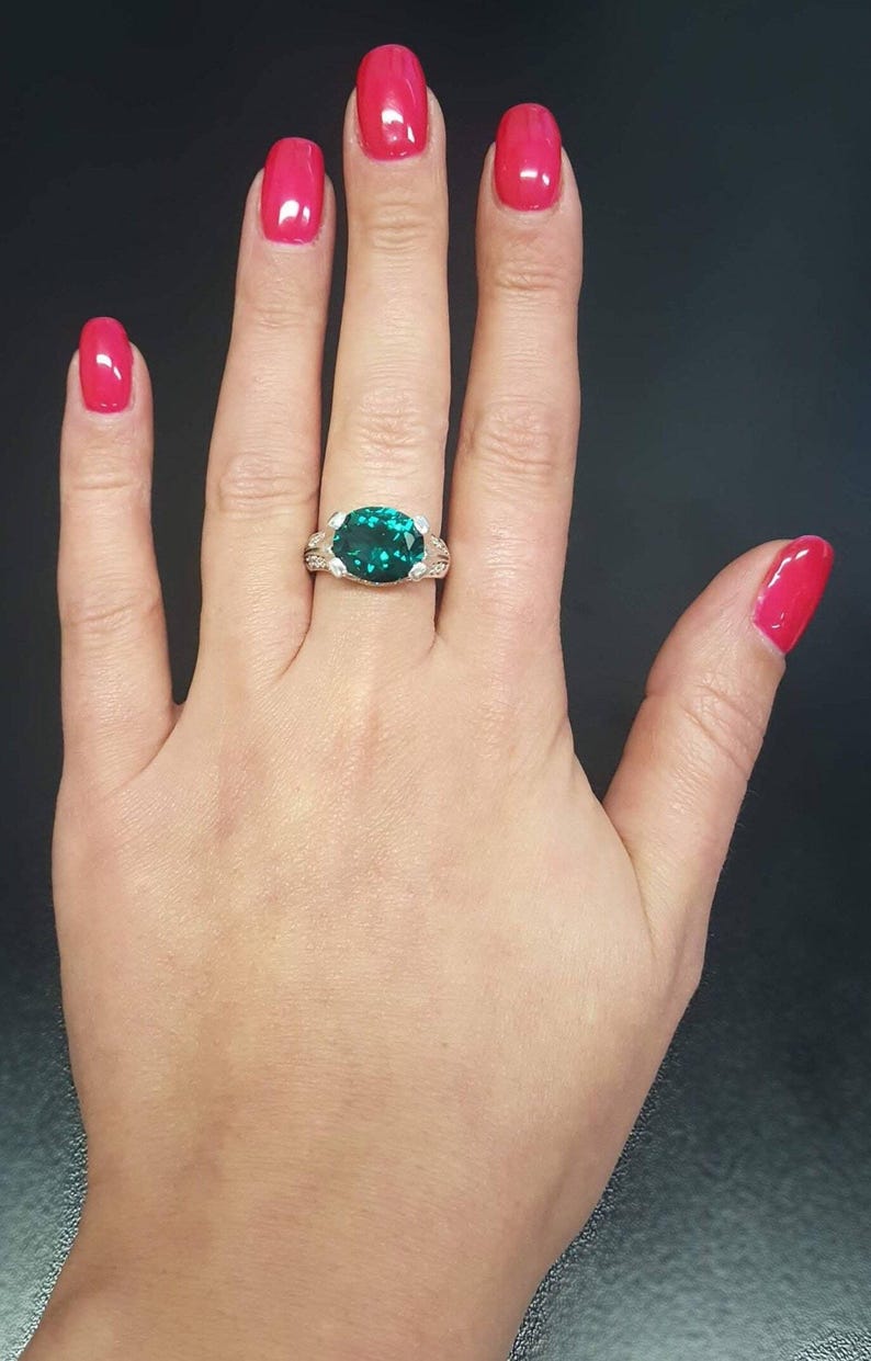 Anillo de esmeralda, anillo de esmeralda vintage, anillo verde esmeralda, esmeralda creada, anillos vintage, anillo de plata vintage, anillo horizontal, gema horizontal imagen 9
