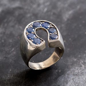 K&ouml;nnte beinhalten: Ein silberner Ring mit einem Hufeisen-Design, besetzt mit blauen Edelsteinen.