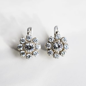 Vintage Diamond Earrings, Diamond Flower Earrings, CZ Diamonds, 2 Carats Diamonds, Antique Earrings, Solid Silver, Pure Silver