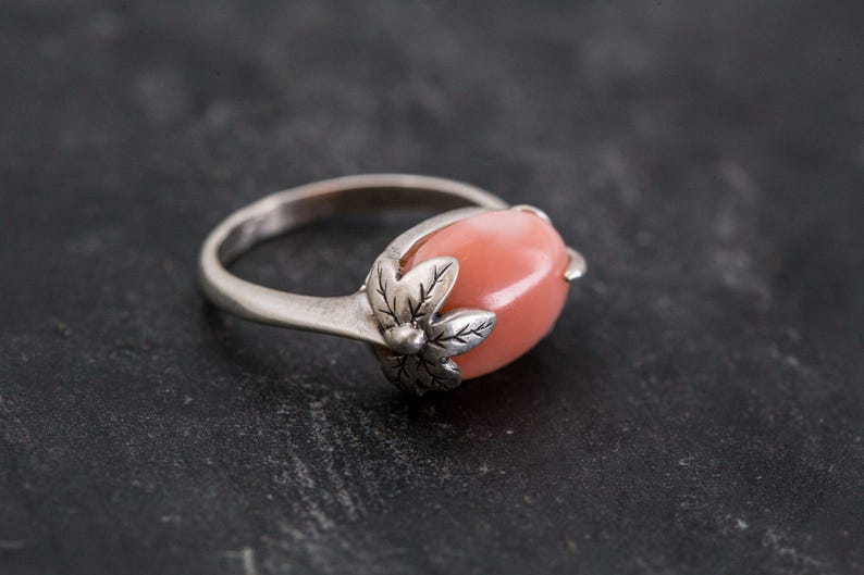 Blattring, Naturkorallenring, Horizontaler Ring, Geburtssteinring für März, Rosa Korallenring, Engelskoralle, Vintage-Ringe, Ring aus massivem Silber Bild 3