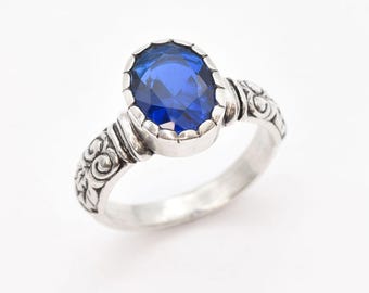 Sapphire Silver Ring, Blue Boho Ring, Created Sapphire, Tribal Sapphire Ring, Solitaire Sapphire Ring, Blue Gemstone Ring,  Adina Stone