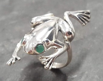 Frog Ring, Emerald Ring, Natural Emerald, May Birthstone, Silver Frog Ring, Green Emerald Ring, May Ring, Frog Eyes Ring, Solid Silver Ring