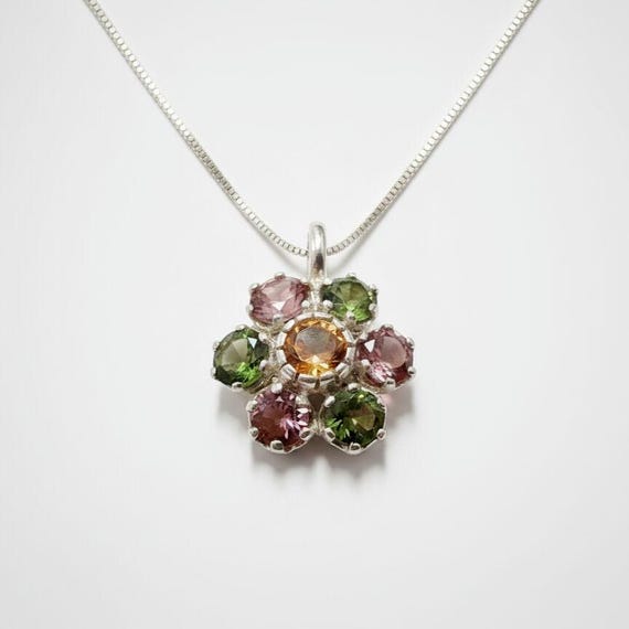 Tourmaline Pendant, Natural Tourmaline, October Pendant, Flower Pendant, Multicolor Pendant, October Birthstone, Flower Vintage Pendant