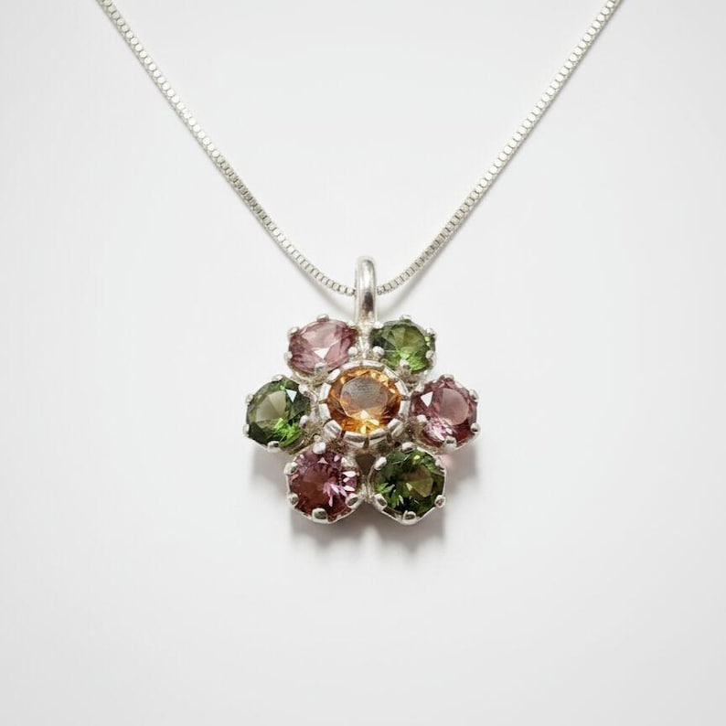 Tourmaline Pendant, Natural Tourmaline, October Pendant, Flower Pendant, Multicolor Pendant, October Birthstone, Flower Vintage Pendant image 1