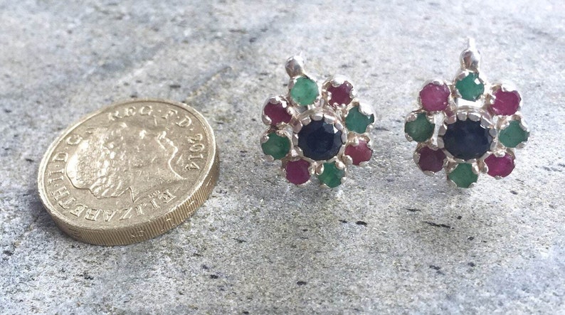 Sapphire Earrings, Emerald Earrings, Ruby Earrings, Natural Sapphire, Natural Emerald, Natural Ruby, Flower Earrings, Solid Silver Earrings image 3