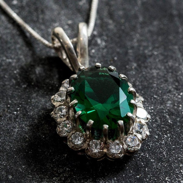 Emerald Pendant, Princess Di Pendant, Vintage Pendants, Created Emerald Pendant, CZ Diamonds, Solid Silver Pendant, Green Pendant, Emerald