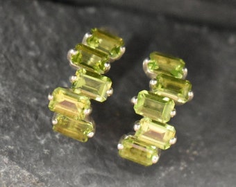 Peridot Earrings, Half Hoops Earrings, Baguette Earrings, August Birthstone, Natural Birthstone, Silver Drop Earrings, Green Gem Earrings