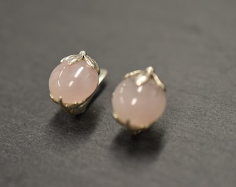 Rose Quartz Earrings, Natural Rose Quartz, Leaf Earrings, January Birthstone, Stud Earrings, Pink Studs, Vintage Earrings, Silver Earrings