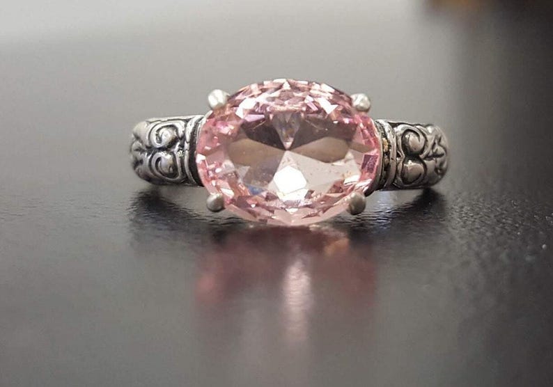 Morganite Ring, Created Morganite, Pink Diamond Ring, Pink Bohemian Ring, Pink Ring, Horizontal Ring, Vintage Rings, Silver Ring, Morganite image 10