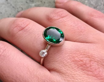 Emerald Ring, Vintage Emerald Ring, Created Emerald, CZ Diamond, Vintage Ring, Sterling Silver Ring, Emerald, Green Vintage Ring, Unique