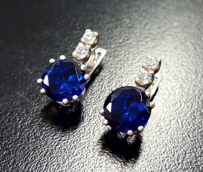 Blue Diamond Earrings Royal Blue Earrings Vintage Earrings Bridal Earrings Solid Silver Earrings Sapphire Earrings Created Sapphire