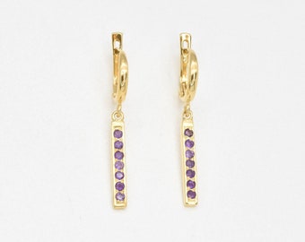 Amethyst Dangling Earrings, Gold Bar Earrings, Natural Amethyst Earrings, February Birthstone, Purple Gem Earrings, Adina Stone