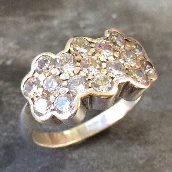 Flower Diamond Band, Vintage Diamond Ring, Created CZ Diamond, Cluster Ring, Wide Ring, Wide Floral Band, Daisy Band, Sterling Silver Ring