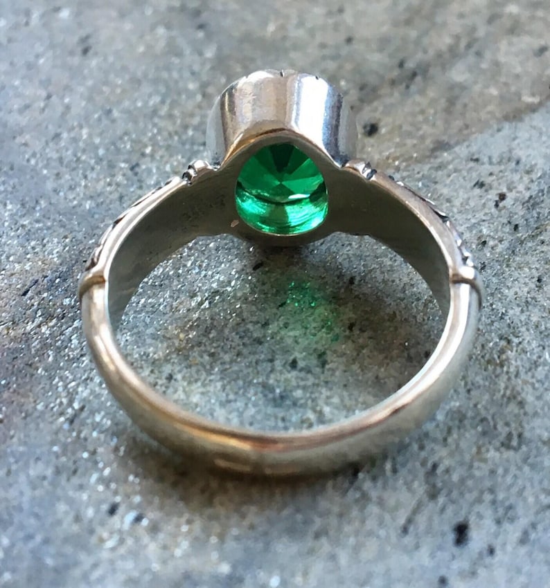 Tribal Ring, Emerald Ring, Created Emerald, Green Vintage Ring, Green Diamond Ring, Sparkly Ring, Green Emerald Ring, Sterling Silver Ring image 8