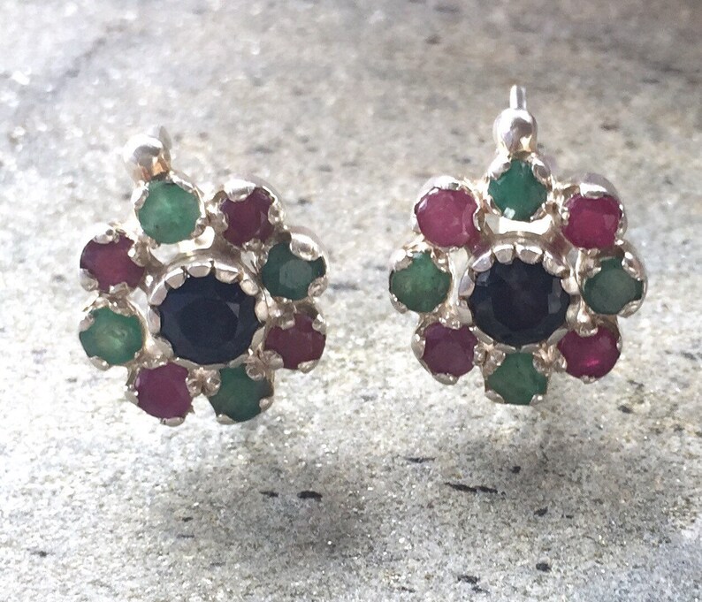 Sapphire Earrings, Emerald Earrings, Ruby Earrings, Natural Sapphire, Natural Emerald, Natural Ruby, Flower Earrings, Solid Silver Earrings image 7