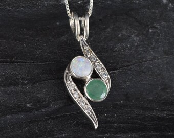 Opal Emerald Pendant, Natural Emerald, Natural Opal, Vintage Necklace, Two Stone Pendant, Bypass Pendant, Yin Yang Pendant, Sterling Silver