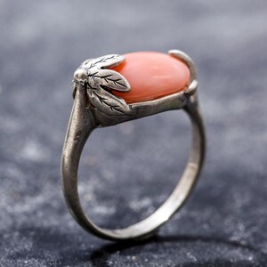 Blattring, Naturkorallenring, Horizontaler Ring, Geburtssteinring für März, Rosa Korallenring, Engelskoralle, Vintage-Ringe, Ring aus massivem Silber Bild 8