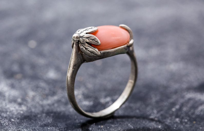 Blattring, Naturkorallenring, Horizontaler Ring, Geburtssteinring für März, Rosa Korallenring, Engelskoralle, Vintage-Ringe, Ring aus massivem Silber Bild 8