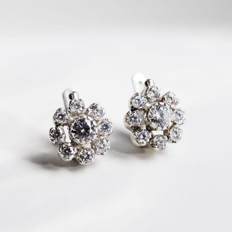 Vintage Diamond Earrings, Diamond Flower Earrings, CZ Diamonds, 2 Carats Diamonds, Antique Earrings, Solid Silver, Pure Silver image 1