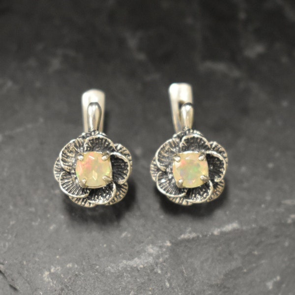 Rose Earrings, Fire Opal Earrings, Vintage Flower Studs, October Birthstone, Ethiopian Opal, Dainty Floral Earrings, Solid Silver Earrings