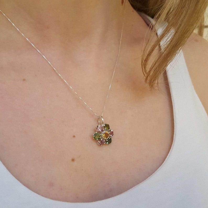 Tourmaline Pendant, Natural Tourmaline, October Pendant, Flower Pendant, Multicolor Pendant, October Birthstone, Flower Vintage Pendant
