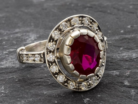 Vintage Ruby Ring Created Ruby Ring Oval Halo Ring Sterling