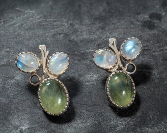 Prehnite Earrings, Vine Earrings, Natural Stones, Rainbow Moonstone, June Birthstone, Leaf Earrings, Healing Stones, May Birthstone, Silver