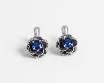 Sapphire Earrings, Created Sapphire, Flower Earrings, Vintage Earrings, Sapphire Flower Earrings, Blue Earrings, Stud Earrings, Sapphire