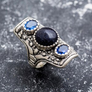 Long Artistic Ring, Blue Sandstone Ring, Tribal Ring, Statement Ring, Sagittarius Ring, Silver Ring, Blue Sand Stone, Created Sapphire image 7