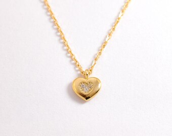 14k Solid Gold Diamond Heart Necklace, Natural Diamond Necklace, Dainty Diamond Necklace, Teeny Heart Pendant, Love Diamond Necklace