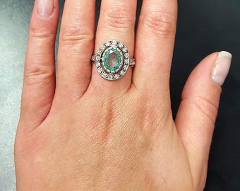 Bague Vintage Années 1940 - Aigue-Marine Bleue - Argent Sterling 925 - Taille 7