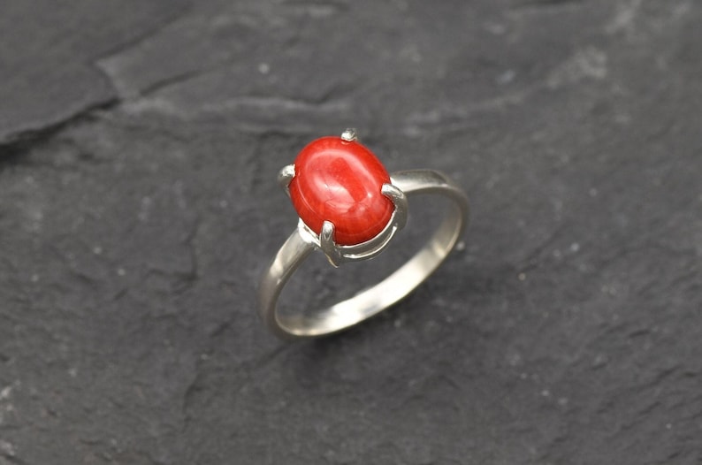 Red Coral Ring, Natural Coral, Solitaire Ring, Promise Ring, Simple Ring, Red Oval Ring, 3 Carat Ring, Proposal Ring, Solid Silver Ring image 7