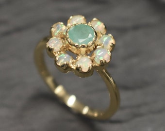 Gold Opal Ring, Opal Ring, Natural Opal, October Birthstone, Gold Flower Ring, Gold Vintage Ring, Flower Ring, Emerald Ring, 925 Silver Ring
