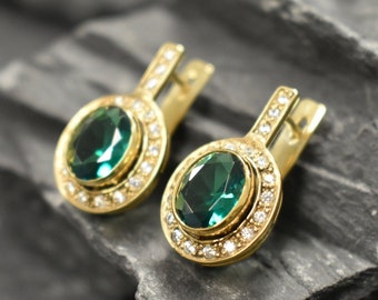 Gold Emerald Earrings, Emerald Earrings, Created Emerald, Victorian Earrings, Gold Vintage Studs, Green Emerald Studs, Green Diamond Studs