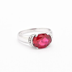 Tribal Ruby Ring, Created Ruby, Red Vintage Ring, Horizontal Ring, Antique Ring, 3 Carat Ruby, Statement Ring, Boho Ring, Solid Silver Ring