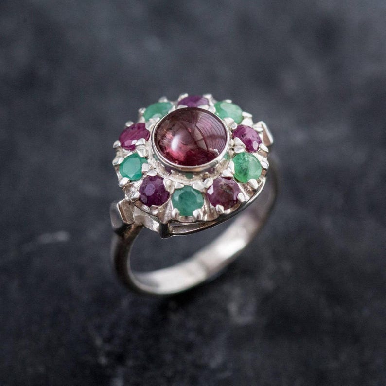 Pink Tourmaline Ring, Natural Emerald Ring, Natural Ruby Ring, Vintage Silver Ring, Victorian Ring, Pink Vintage Ring, Pink Tourmaline, Ruby image 2