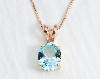 Colgante de aguamarina en oro rosa, aguamarina creada, colgante de aguamarina en oro, piedra de nacimiento de marzo, collar ovalado azul, collar azul agua, piedra Adina