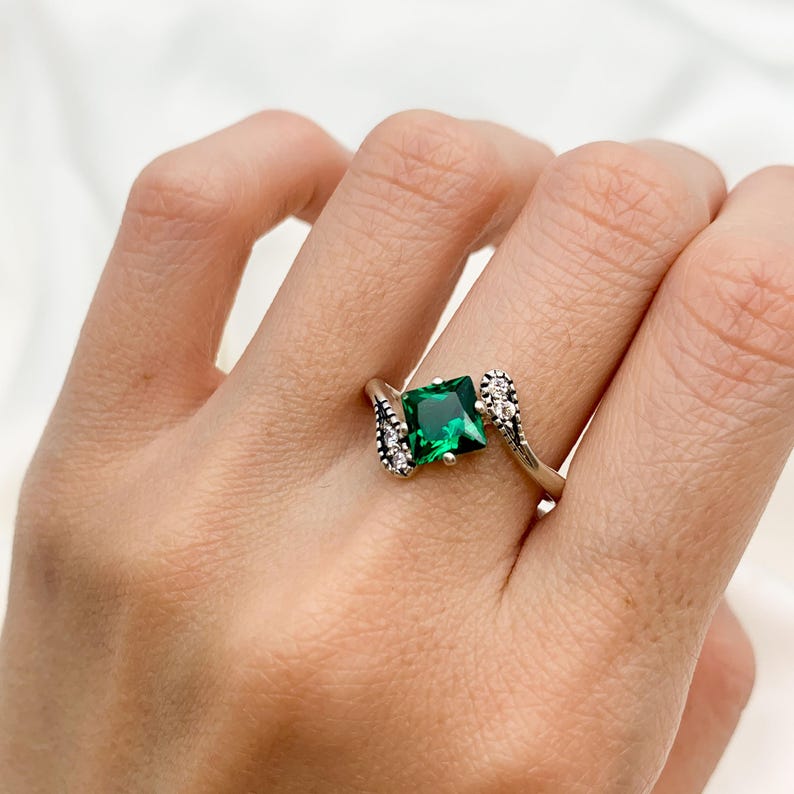Emerald Ring, Created Emerald, Vintage Ring, Dainty Ring, Engagement Ring, Square Ring, Asymmetric Ring, Green Ring, Solid Silver Ring image 2