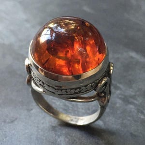 Amber Ring, Natural Amber, Vintage Rings, Antique Rings, Taurus Birthstone, Large Amber, Yellow Gemstone, Solid Silver Ring, Pure Silver