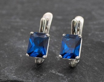 Sapphire Earrings, Minimalist Earrings, Created Sapphire, Blue Sapphire Earrings, Solid Silver Earrings, Blue Earrings, Emerald Cut Earrings