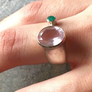Rose Quartz Ring, Natural Rose Quartz, Diamond Cut, Emerald Ring, Solid Silver Ring, Natural Emerald, Vintage Emerald Ring, Vintage Ring image 2