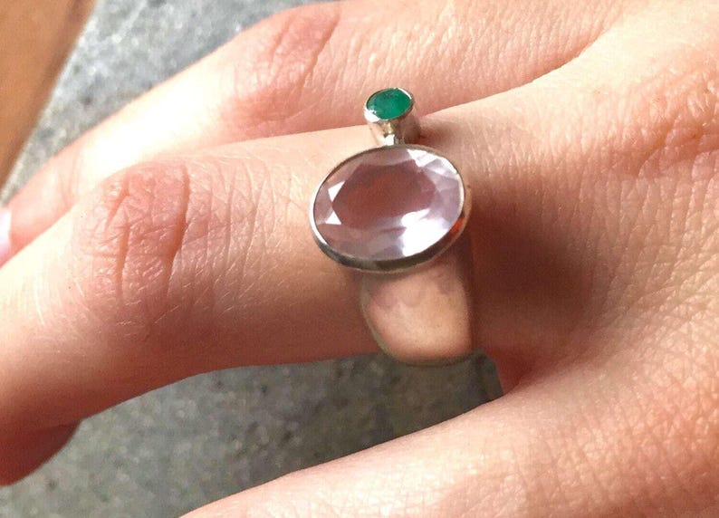 Rose Quartz Ring, Natural Rose Quartz, Diamond Cut, Emerald Ring, Solid Silver Ring, Natural Emerald, Vintage Emerald Ring, Vintage Ring image 2
