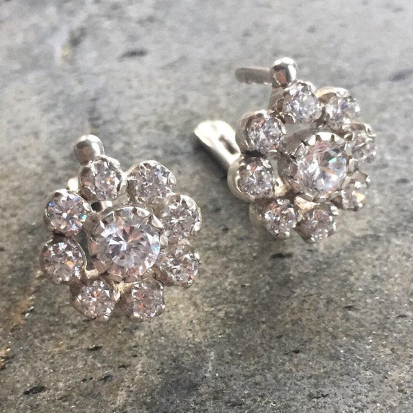 Vintage Earrings, Vintage Flower, Vintage Diamond Earrings, CZ Diamonds, 2 Carats Diamonds, Antique Earrings, Solid Silver, Pure Silver