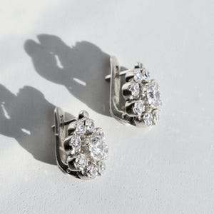 Vintage Diamond Earrings, Diamond Flower Earrings, CZ Diamonds, 2 Carats Diamonds, Antique Earrings, Solid Silver, Pure Silver