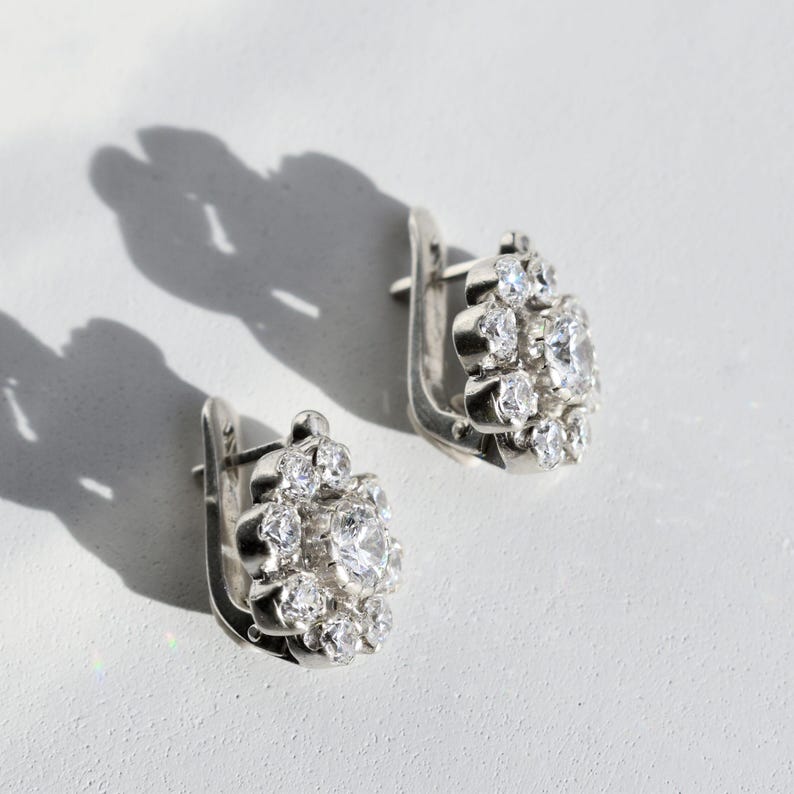 Vintage Diamond Earrings, Diamond Flower Earrings, CZ Diamonds, 2 Carats Diamonds, Antique Earrings, Solid Silver, Pure Silver