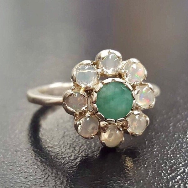 Emerald Ring, Opal Ring, Natural Opal Ring, Natural Emerald Ring, Vintage Flower Ring, May Birthstone, October Birthstone, Solid Silver Ring