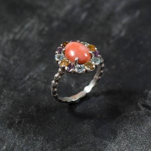 Anillo de coral natural, piedra de nacimiento de marzo, anillo de coral, coral rosa, anillo vintage, anillo de citrino, anillo de amatista, anillo de topacio azul, anillo de plata maciza imagen 7