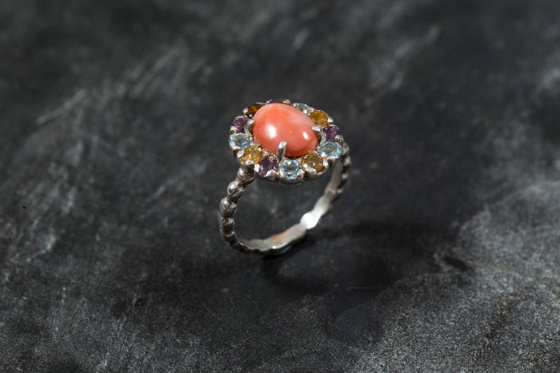 Anillo de coral natural, piedra de nacimiento de marzo, anillo de coral, coral rosa, anillo vintage, anillo de citrino, anillo de amatista, anillo de topacio azul, anillo de plata maciza imagen 7