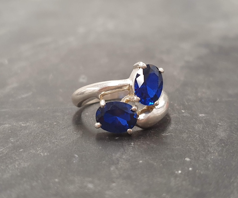 Blue Sapphire Ring Asymmetric Ring Blue Diamond Ring Sapphire Ring Vintage Ring Created Sapphire Two Stone Ring Solid Silver Ring