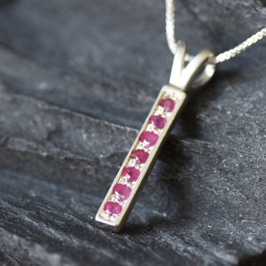 Red Ruby Pendant, Natural Ruby, Layering Necklace, Ruby Bar Pendant, Vertical Pendant, Drop Pendant, Dainty Pendant, July Birthstone, Silver